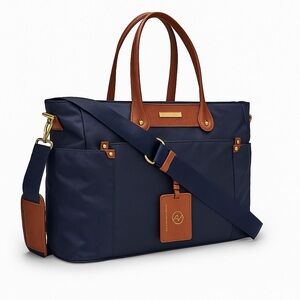 Adrienne Vittadini Navy Nylon Tote Bag w/ Cognac Leather Trim & Red Interior